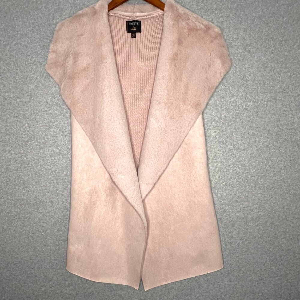 ON TWELFTH Blush PINK Stretch Knit Sweater Vest w/Faux Fur Front Waterfall hem L
